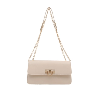 Sac à bandoulière chaîne beige élégant avec boucle en métal doré et fermoir en D