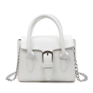 Elegant white square handbag with silver metal chain strap and leather buckle decoration
