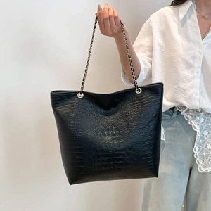 Classic black crocodile pattern tote bag with gold metal chain and leather straps