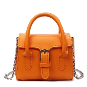 Elegant orange leather crossbody bag with silver metal chain and top handle for women