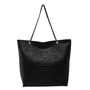 Classic black crocodile pattern tote bag with gold chain strap for women