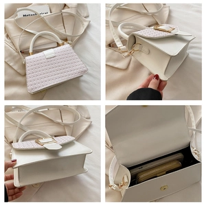 Detailed four-angle view of white crossbody bag with gold buckle and woven texture