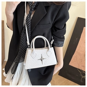 Detail of white crocodile pattern leather handbag featuring a silver four-point star emblem