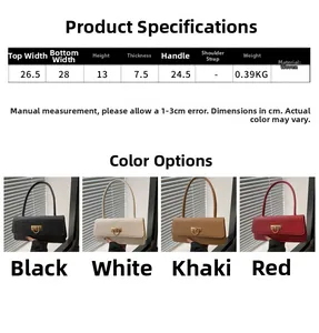 Detailed size chart and multi-color options for woven baguette shoulder bag with buckle