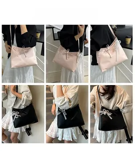 Six-grid collage showing model carrying a bow tote bag with pearl lace charm