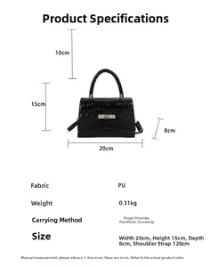 Product dimensions chart for black crocodile texture mini handbag with silver hardware