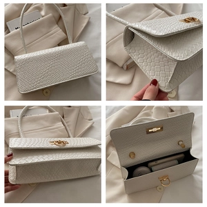 Macro view of white baguette bag featuring crocodile pattern texture and golden buckle