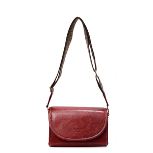 Vintage burgundy square crossbody bag with stylish patterned strap and fashion logo