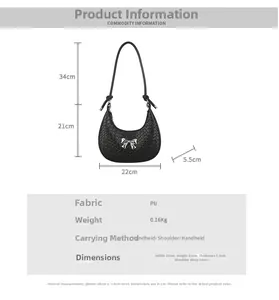 Detailed size chart for black woven half-moon bag with bow and 22cm x 21cm x 5.5cm dimensions