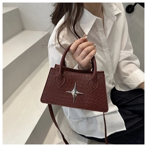 Detail of dark red crocodile pattern handbag with silver star ornament and top handle