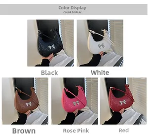 Moon-shaped woven PU leather shoulder bags with silver bows in five diverse colors