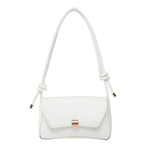 Minimalist beige leather baguette bag with golden buckle and knotted shoulder strap
