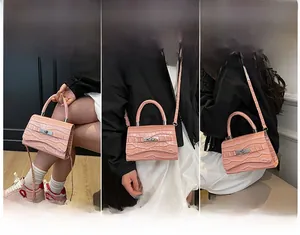 Three ways to wear the pink crocodile pattern square bag with metal clasp and strap