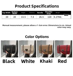 Size chart showing 20x13.5x7.5cm dimensions for the woven chain crossbody handbag