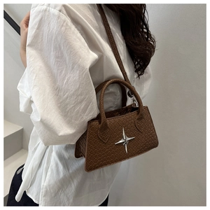 Detail of brown woven texture handbag with silver star ornament worn by a model