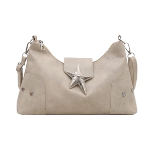 Beige punk-style shoulder bag with large gothic star emblem and vintage rivets