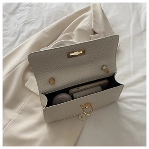 Detail of white woven baguette bag showing open interior space and gold metal clasp