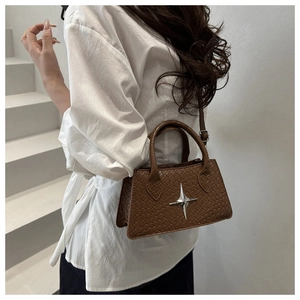 Detail of a brown woven texture handbag with silver star metallic buckle on a shoulder bag