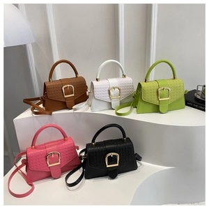 Detail view of retro mini crossbody bags with woven texture and gold buckles in five colors