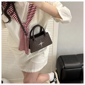 Detail of dark brown crossbody bag featuring silver star hardware on a white shirt dress