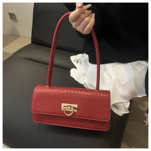 Detail of red faux leather handbag with snake skin texture and gold buckle hardware
