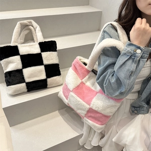 Fuzzy checkerboard tote bag in plush faux fur, spacious minimalist shoulder bag for winter