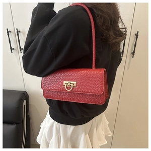 Close-up of red crocodile embossed baguette bag with golden horseshoe metal clasp