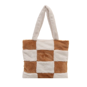 Sac fourre-tout à damier en peluche marron et blanc avec une grande capacité de rangement