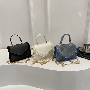 Women Fringe Tassel Small Square Bag Denim PU Leather Gold Chain Strap Top Handle Retro Crossbody Shoulder Bag Trendy
