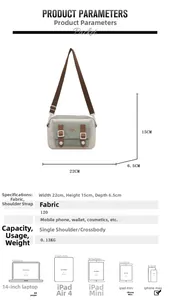 Maatvergelijking en specificaties voor kleine canvas crossbodytas met afmetingen en details
