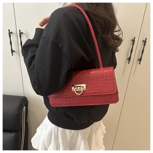 Red crocodile texture underarm bag with gold D-buckle detail worn by a model