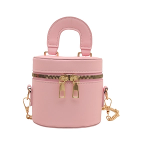 Pink cylinder mini crossbody bag with double zippers and golden chain strap for women
