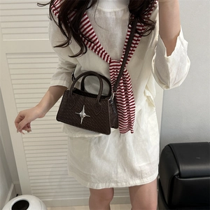 Minimalist dark brown woven handbag with silver star detail and crossbody strap for women