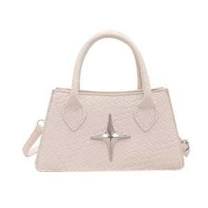 Creamy white crocodile embossed trapezoid handbag with silver star hardware and handle