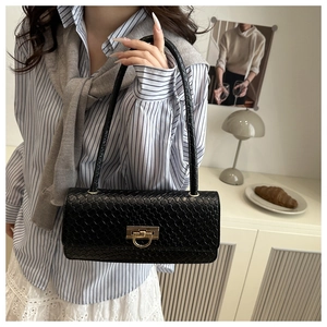 Detail of black woven shoulder bag featuring a gold D-shaped metallic clasp closure