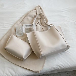 Minimalist beige tote bag set with matching pouch in high-quality matte PU leather