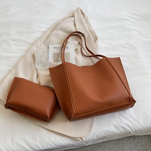 Caramel vintage tote bag and matching clutch set in premium smooth PU leather