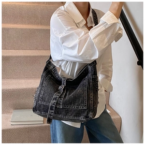 Vintage black denim tote bag with large capacity and buckle detail for women