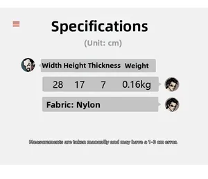 Detailed size specifications for nylon crossbody bag: 28cm x 17cm x 7cm, 0.16kg weight