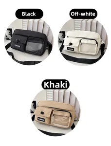 Nylon crossbody bags in black, off-white, and khaki with wide adjustable straps