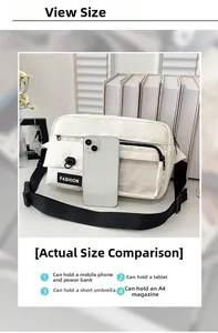 Detailed size comparison of a white crossbody bag showing its large storage capacity