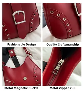Detail view of red faux leather bag featuring silver rivets, magnetic buckle and zipper closure