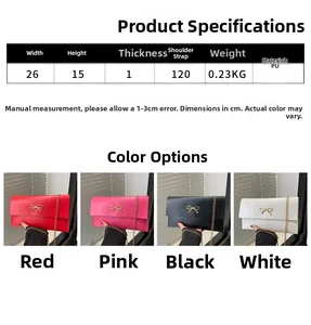 Detailed size guide of minimalist envelope chain bag with golden bow and color options