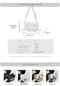 Size chart for cute bow shoulder bag with PU leather specs and multi-color options