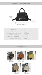 Detail specifications of PU leather Boston bag with 22x16x8cm size and five color options