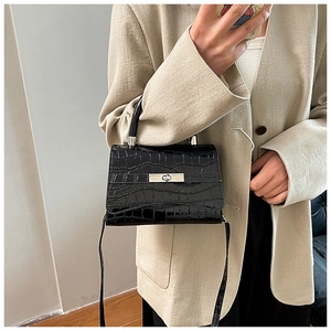 Detail of black glossy crocodile pattern handbag with silver twist lock and top handle