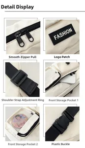 Detailed close-up of nylon crossbody bag features, double zippers and fashion badge