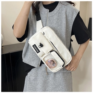 Detailed close-up of white waterproof nylon chest bag with a transparent PVC badge pocket