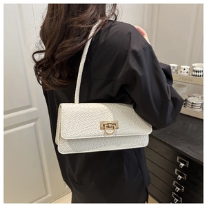 White woven leather baguette bag with golden D-buckle detail shown on shoulder