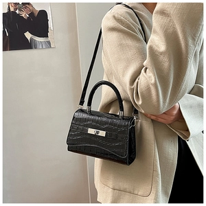 Model wearing black crocodile pattern bag with silver buckle and top handle